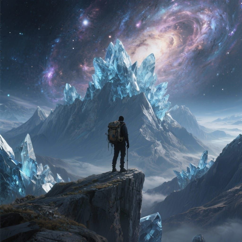 A lone hiker stands at the precipice of a colossal, crystalline mountain range under a swirling nebula sky. The hiker is silhouetted against...