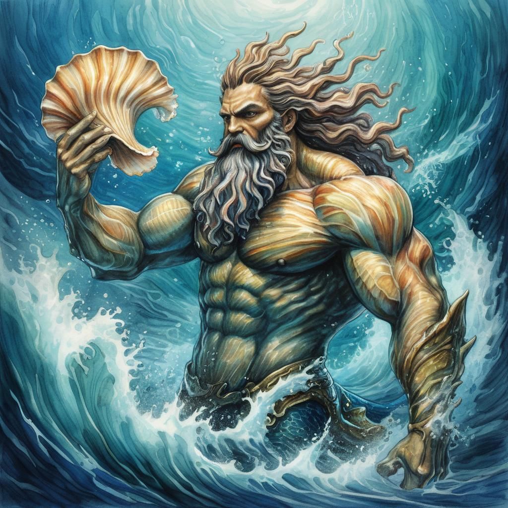 colored pencil / watercolor  Illustrate the powerful sea god Triton emerging from the depths of the ocean, ...  by @GoingJade