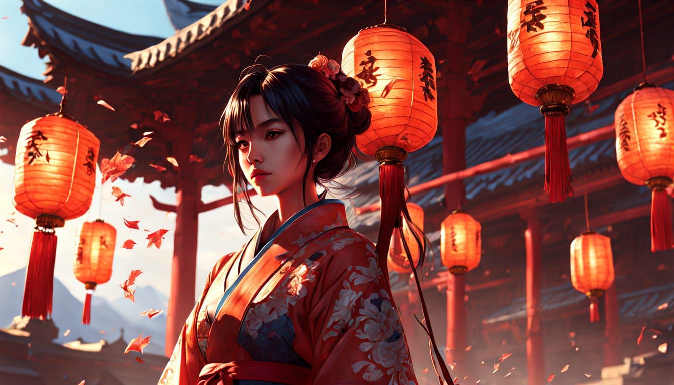 Surreal Anime Showdown in a Temple at Sunset