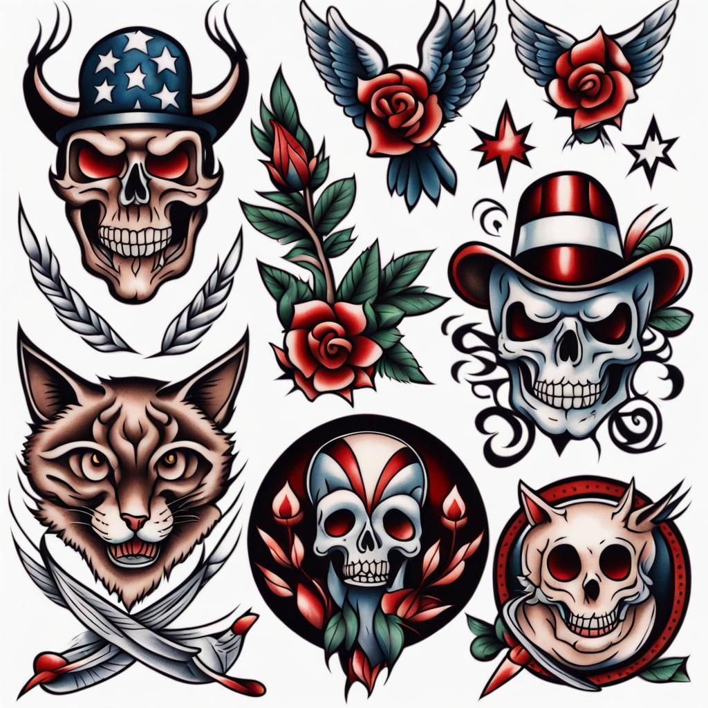 a American traditional style tattoo flash sheet
