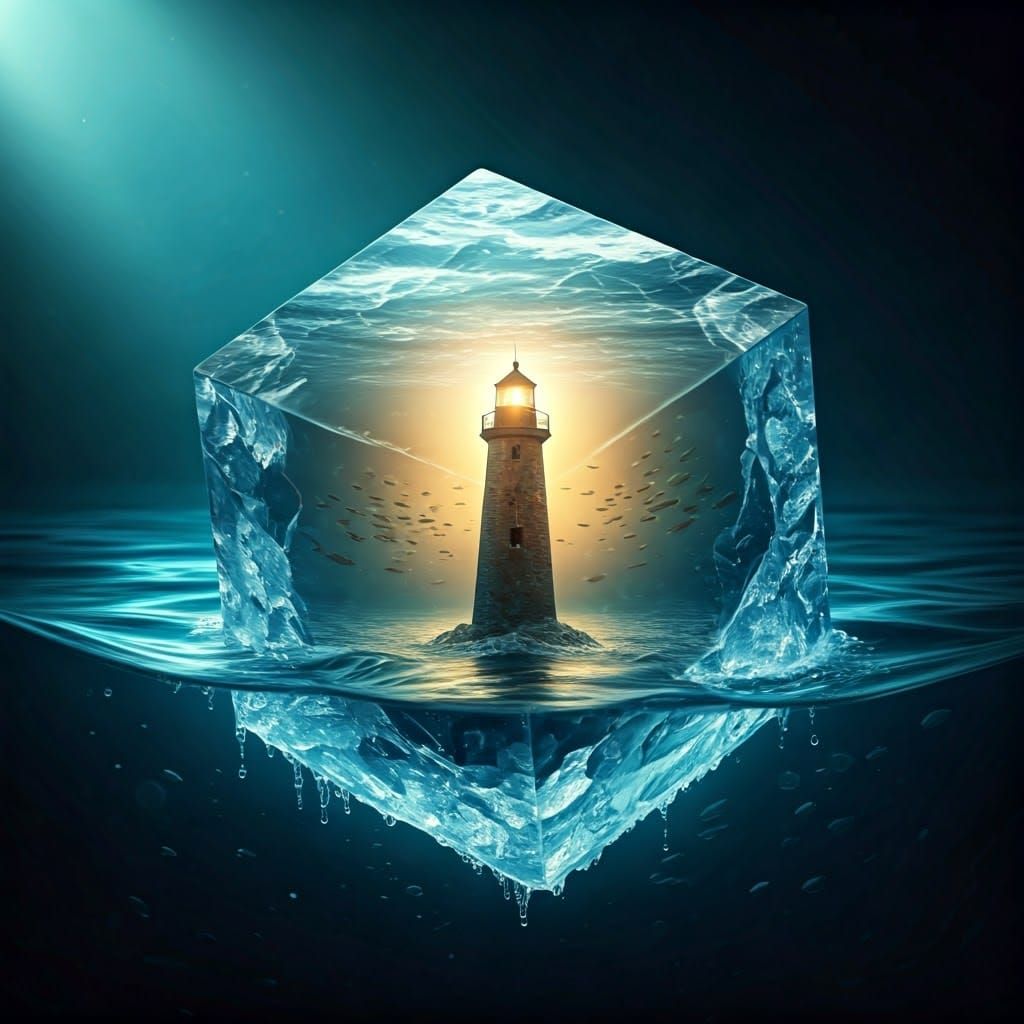 Double exposure.  A large cube of melting ice,  inside an ocean and lighthouse are being revealed.  by @Melva Pearce