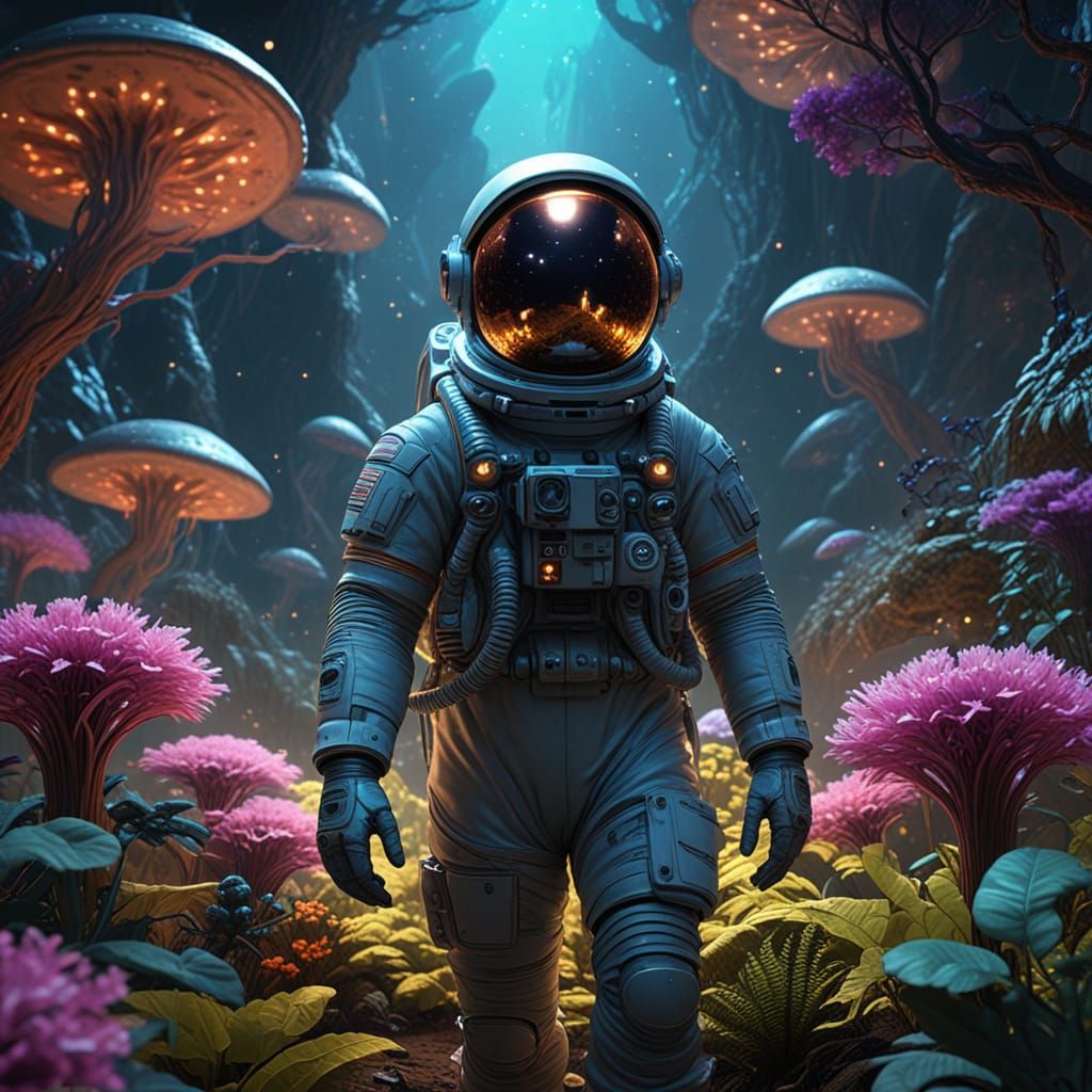 A lone astronaut, dwarfed by the immensity of a nebula, discovers a hidden alien garden teeming with bioluminescent flora. The astronaut gen...