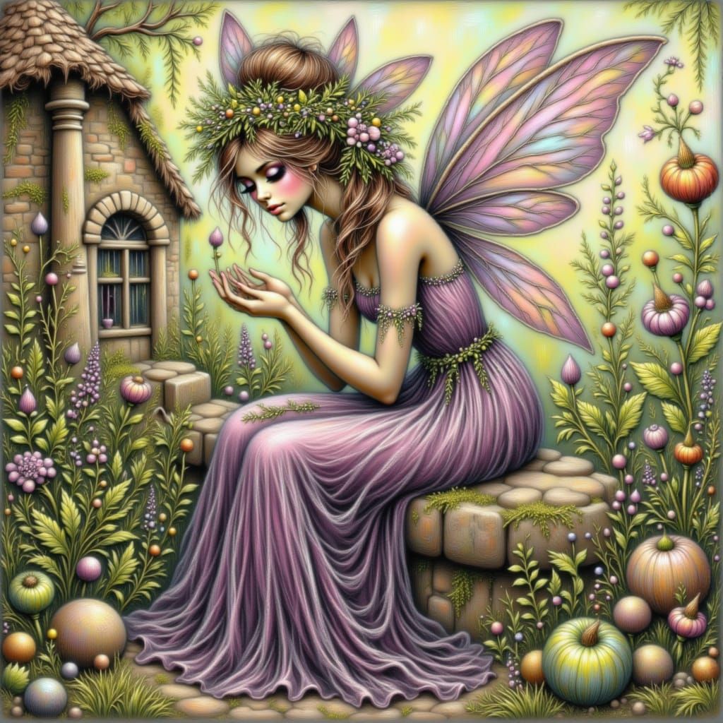 <lora:Fairy Adventures:1.0>A Medieval fairy in a purple velvet gown and ivy crown, tending to an herb garden beside a stone cottage, rustic,...