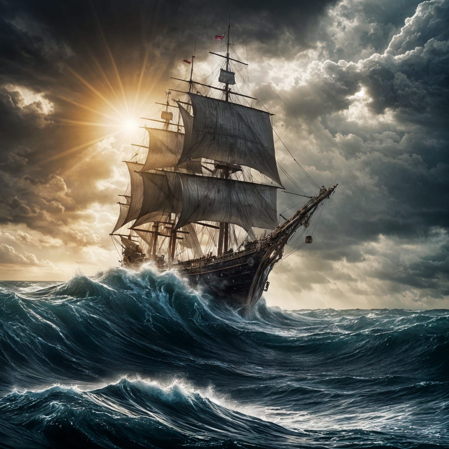 Galleon Ship Riding Storm Wave with Dramatic Sunlight