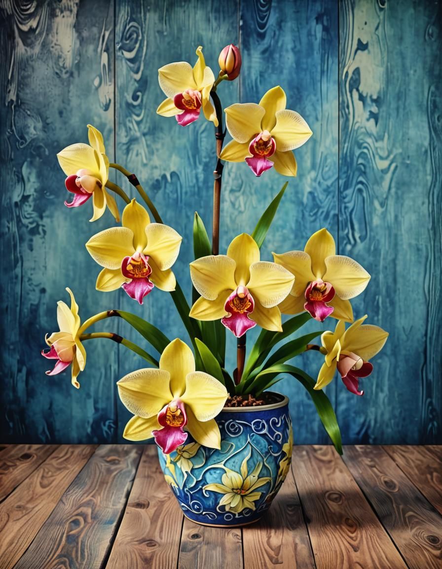 Watercolor Cymbidium Orchid in Ceramic Pot