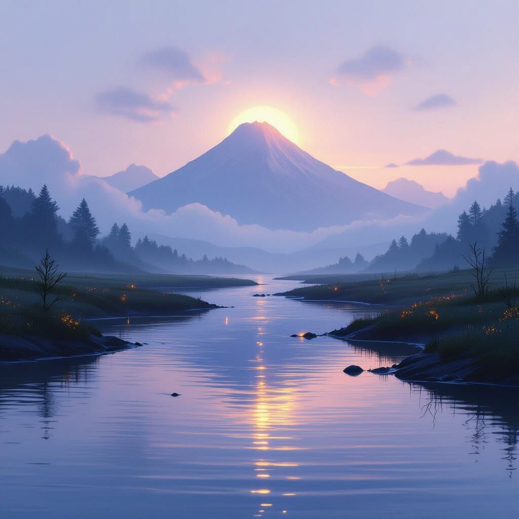 Ethereal Mountain River at Twilight Digital Painting