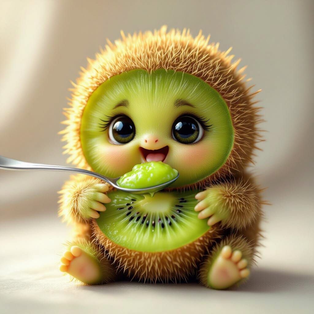 ​"A close-up, photorealistic image of an extremely cute, anthropomorphic baby kiwi fruit creature. It has a fluffy, light brown outer skin t...