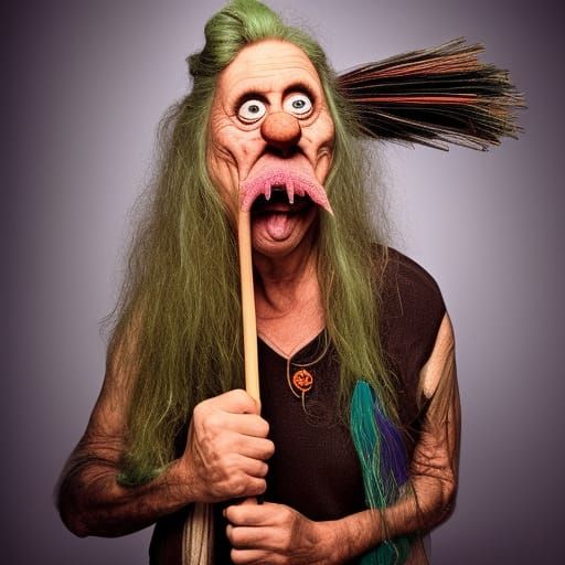 Silly  Ugly looking Witch holding a Broom Stick in a Ed Roth...