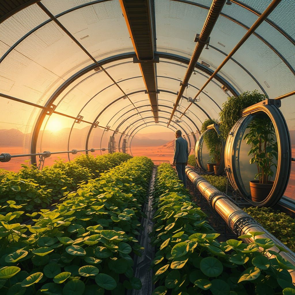 Human inside a greenhouse tunnel on Mars in the future.  by @Max Strandberg