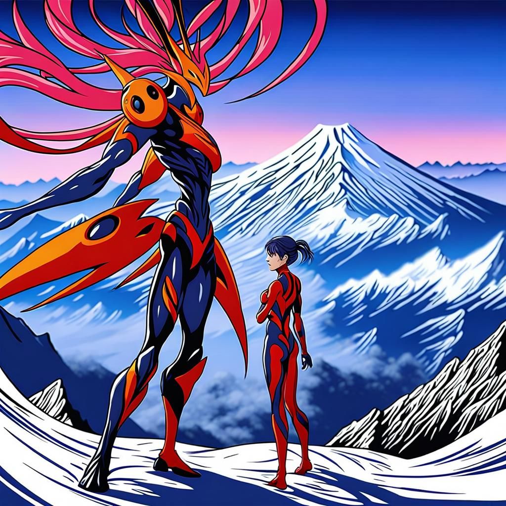 Asuka and Rey from Evangelion, kissing at the top of Mount F...