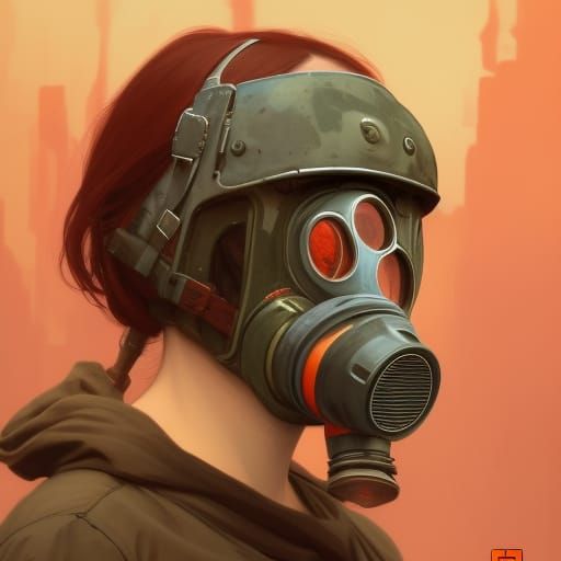 The girl wearing red gas mask