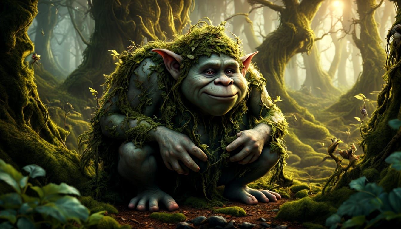 fantasy, full body shot: Sad troll covered in thick brambles and vines, little bird landing on his finger. ...  by @5Foot3 Marie