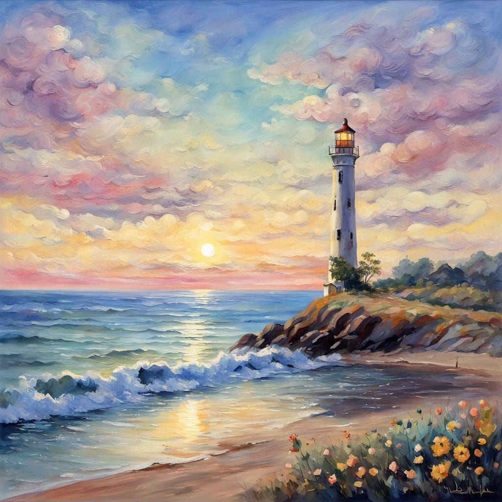 a quaint, heart-shaped lighthouse nestled on a serene, pastel-colored beach, with gentle waves lapping at the shore. The...