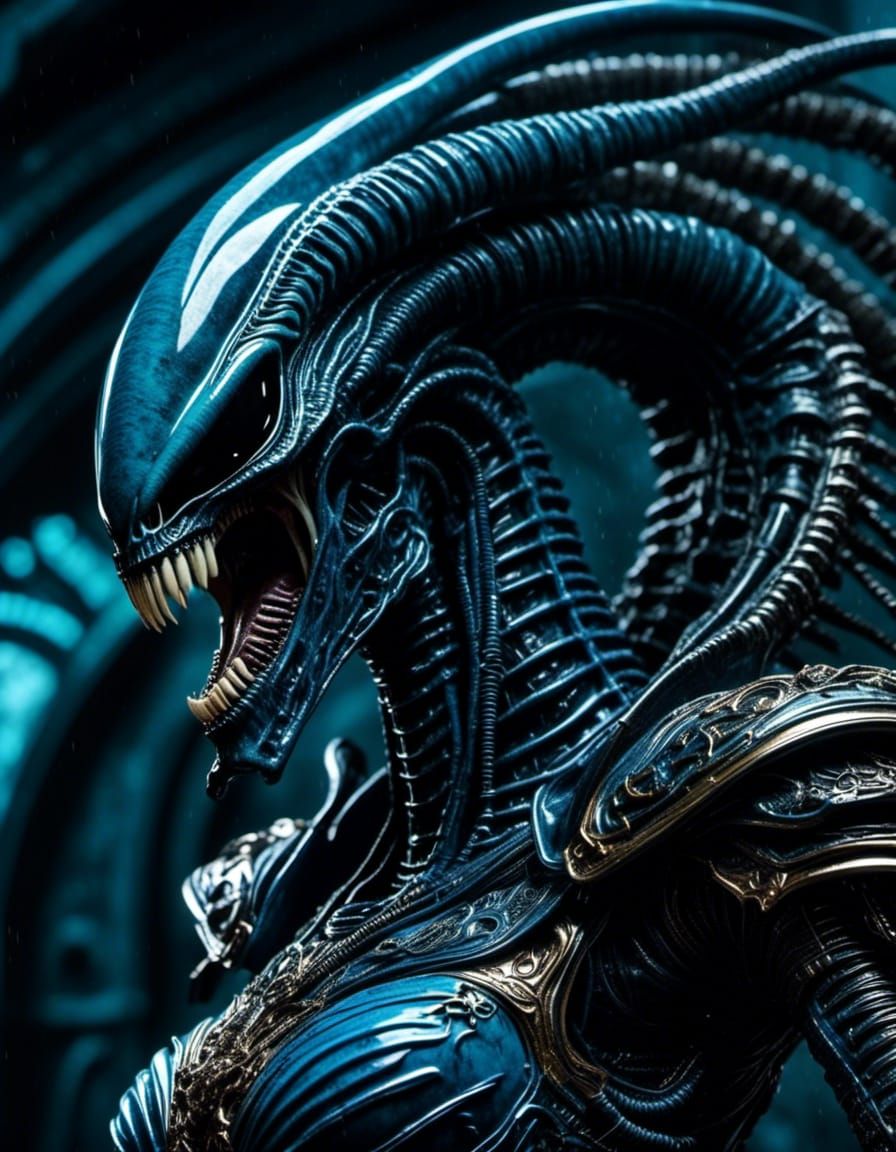 dramatic close up <lora:Xenomorph Queen:1.0> supervillain demon alien xenomorph queen with blue ceramic armour plating! Moonlight fantasy ba...