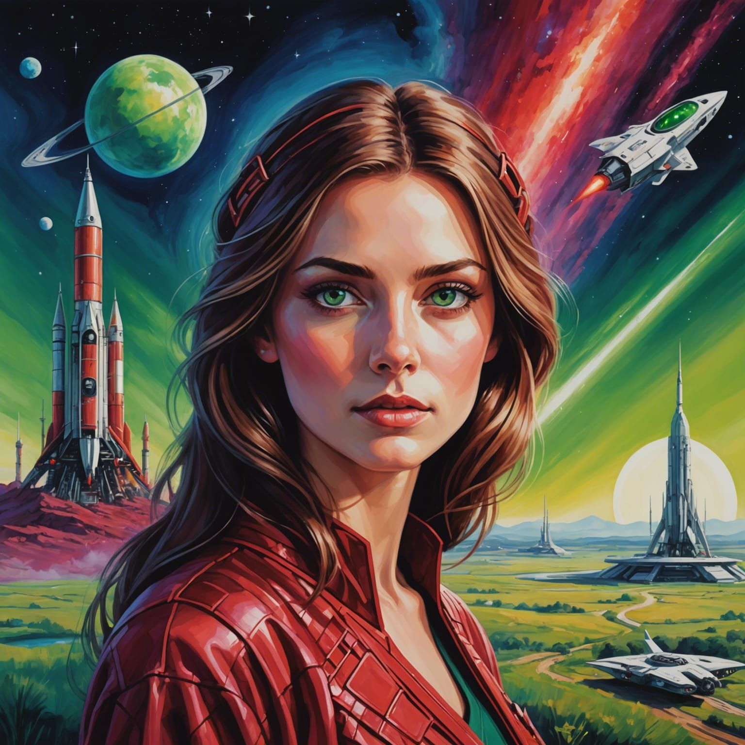 in the foreground there is , Feminine , her face , come fort...