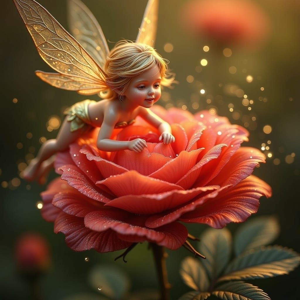 <lora:FANTASY WORLD FLUX:1.0> tinkerbell fairy flying over a red rose, pixie dust, magical, ethereal, beautiful picture, perfect anatomy