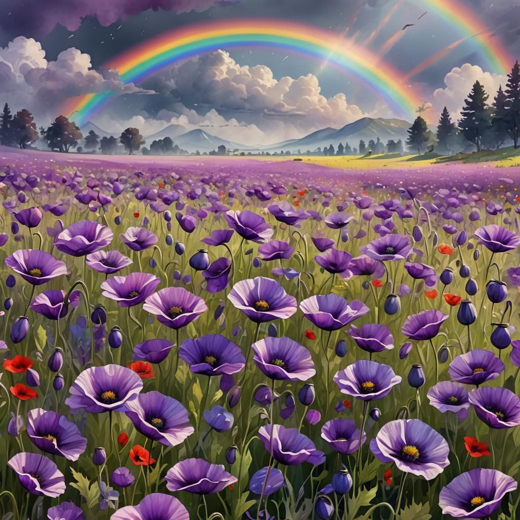 Purple poppy field under the rainbow in watercolor style