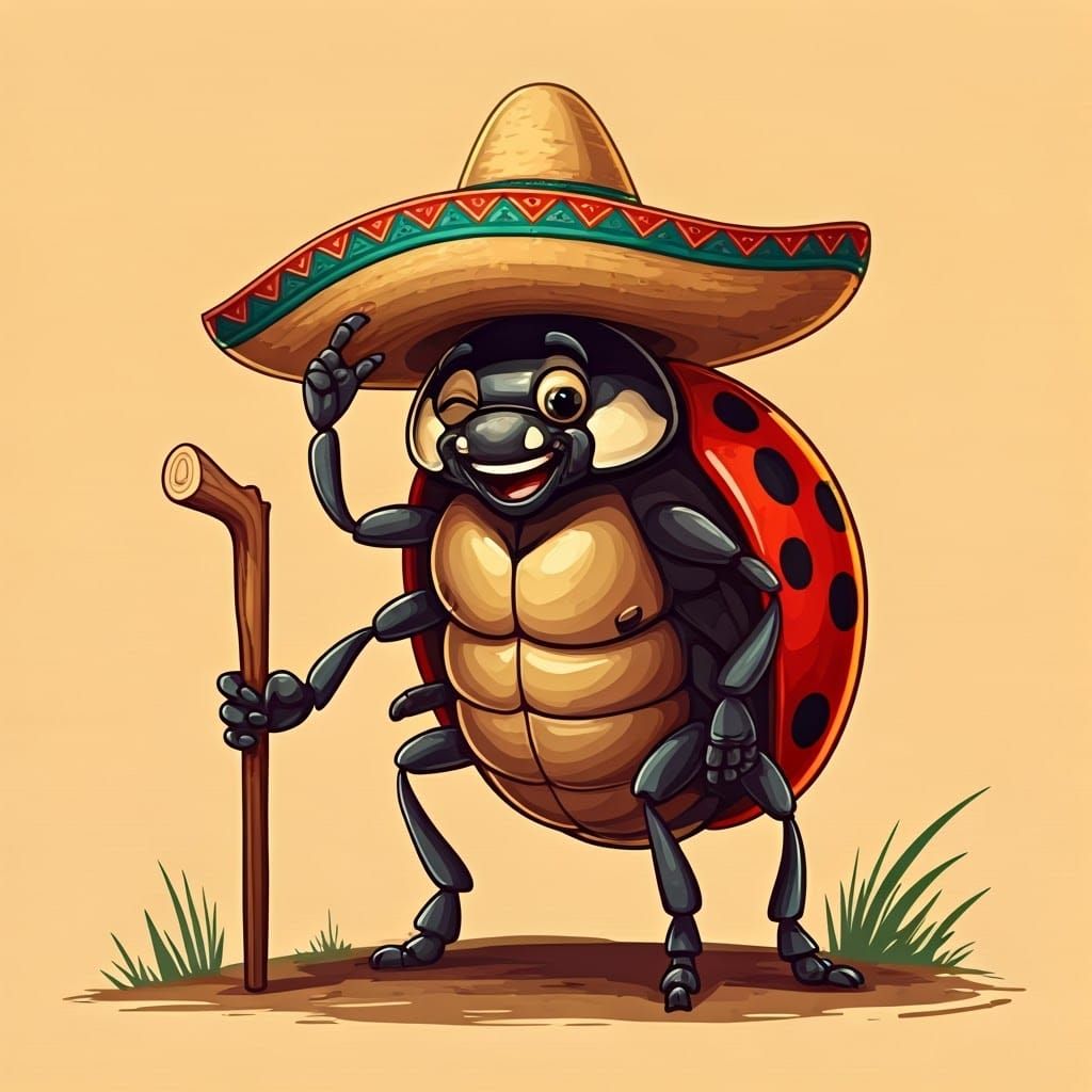 Ladybug in Sombrero with Walking Stick, Illustration Style