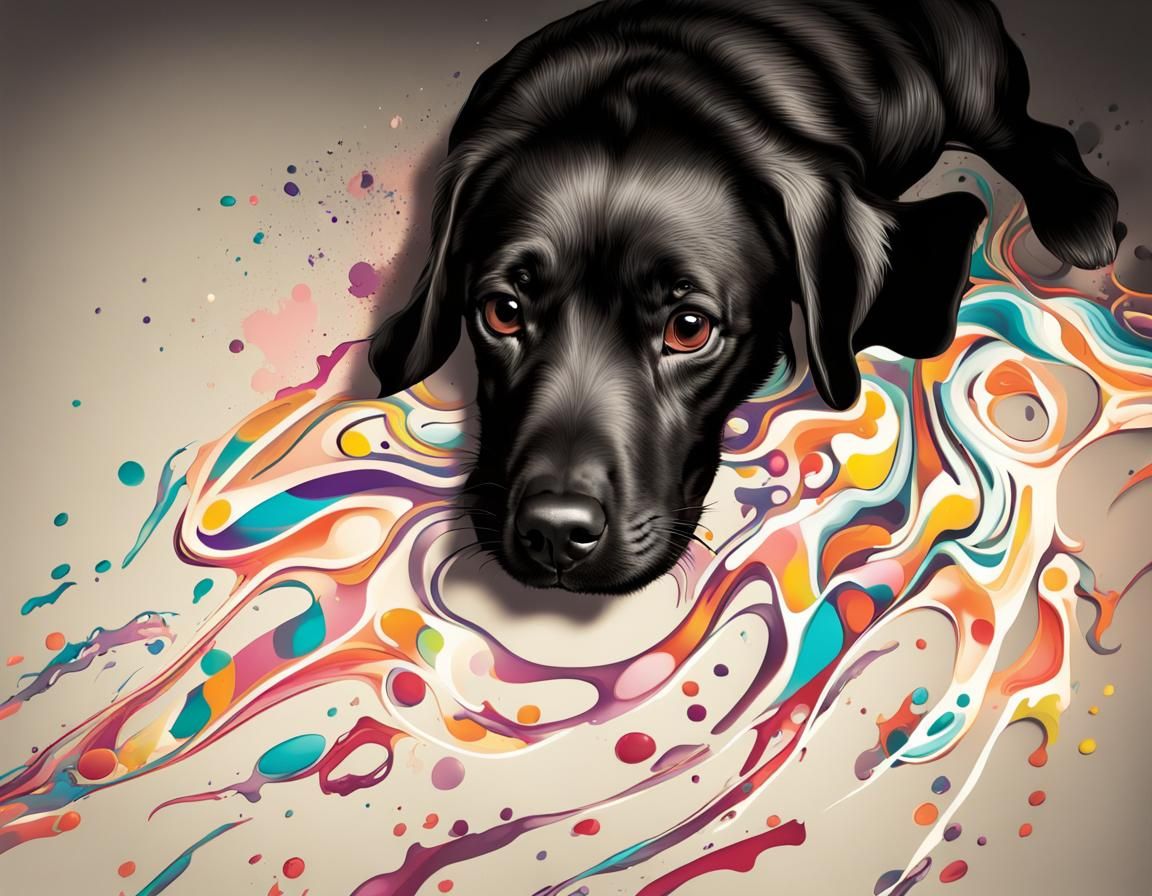 A dog coming out of ink splatter marks abstract vector fractal, wave function, Zentangle, 3d shadingCandy ...  by @Jos11