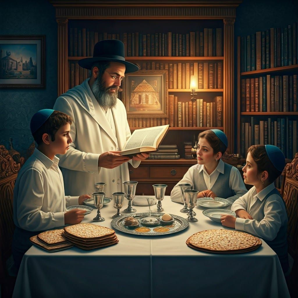 Traditional Haredi Jewish Passover Seder Scene in Warm Light...