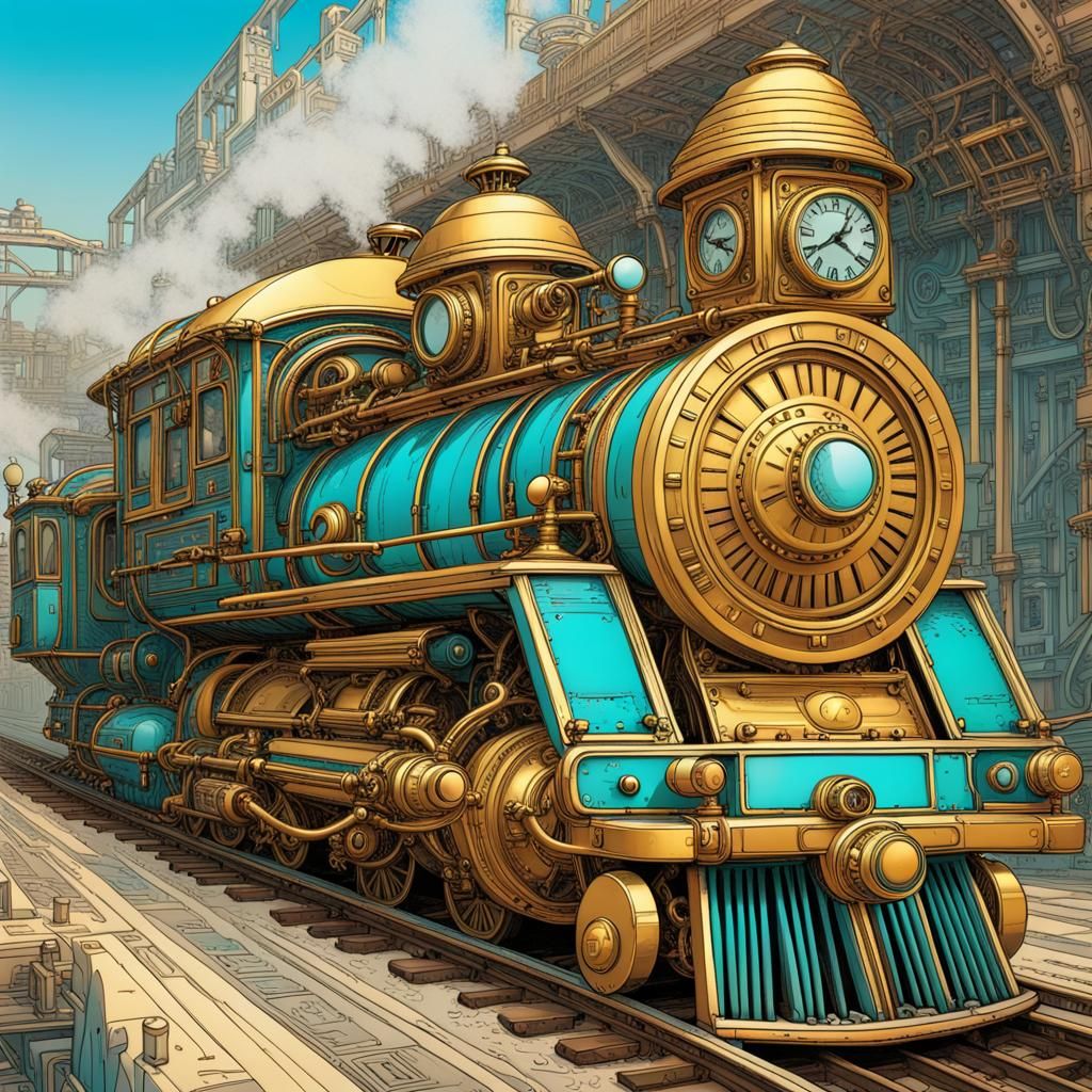 Locomotive time travel machine by Moebius steampunk gold and...