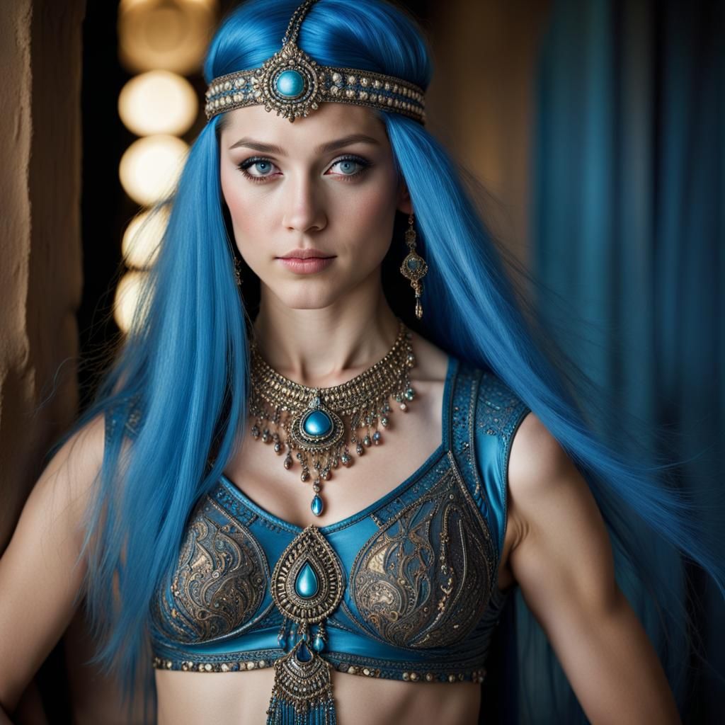 Beautiful teenage 
girl with long 
blue hair and blue eyes w...