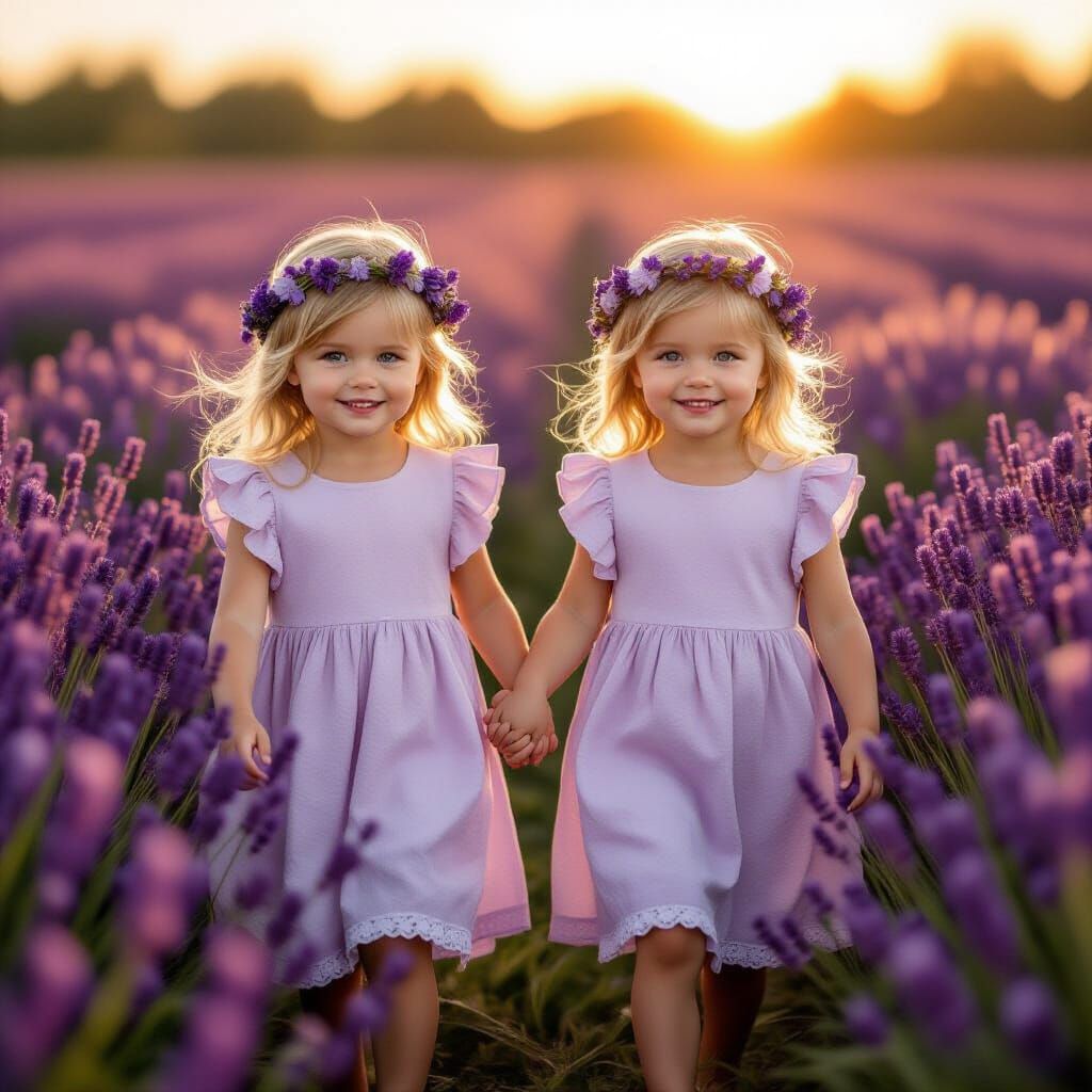 Two identical twin girls, 3 years old, with fair skin and golden blonde hair, standing in a blooming lavender field during golden hour. They...