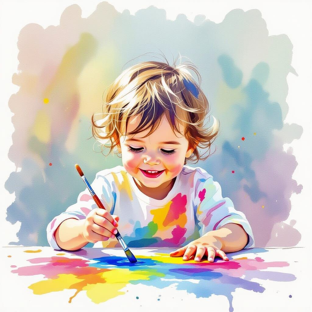 Child Joyfully Painting with Vibrant Watercolors