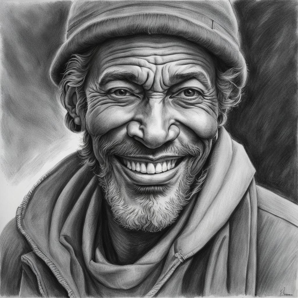 pencil drawing of portrait of homeless man smiling hopefully - AI ...