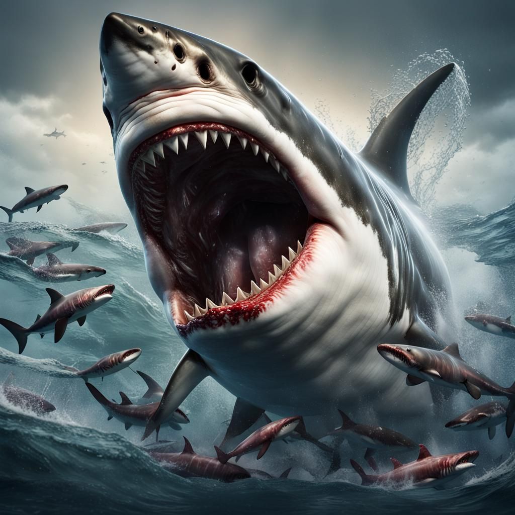 One Great Big White Shark in Arctic ocean, jaws wide, bloody teeth. Chasing swarm of small sardine fish ...  by @LisaNew