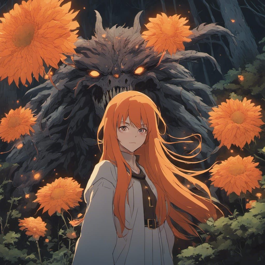 serious woman long bright orange hair fantasy saint with lar...