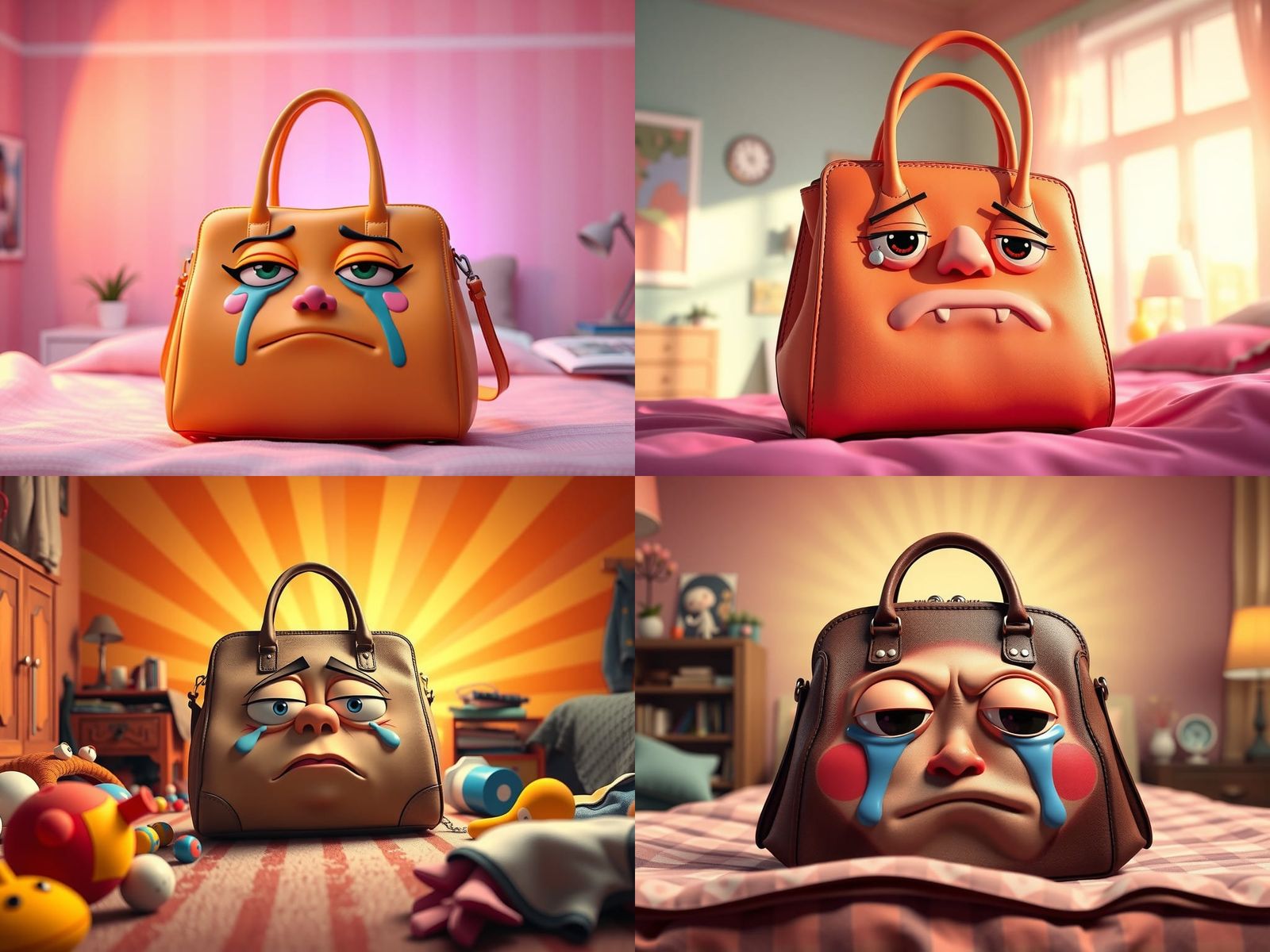 a vibrant, cartoon-style handbag.  The bag has a exaggerated emotional face featuring puffy eyes, large tears streaming ...