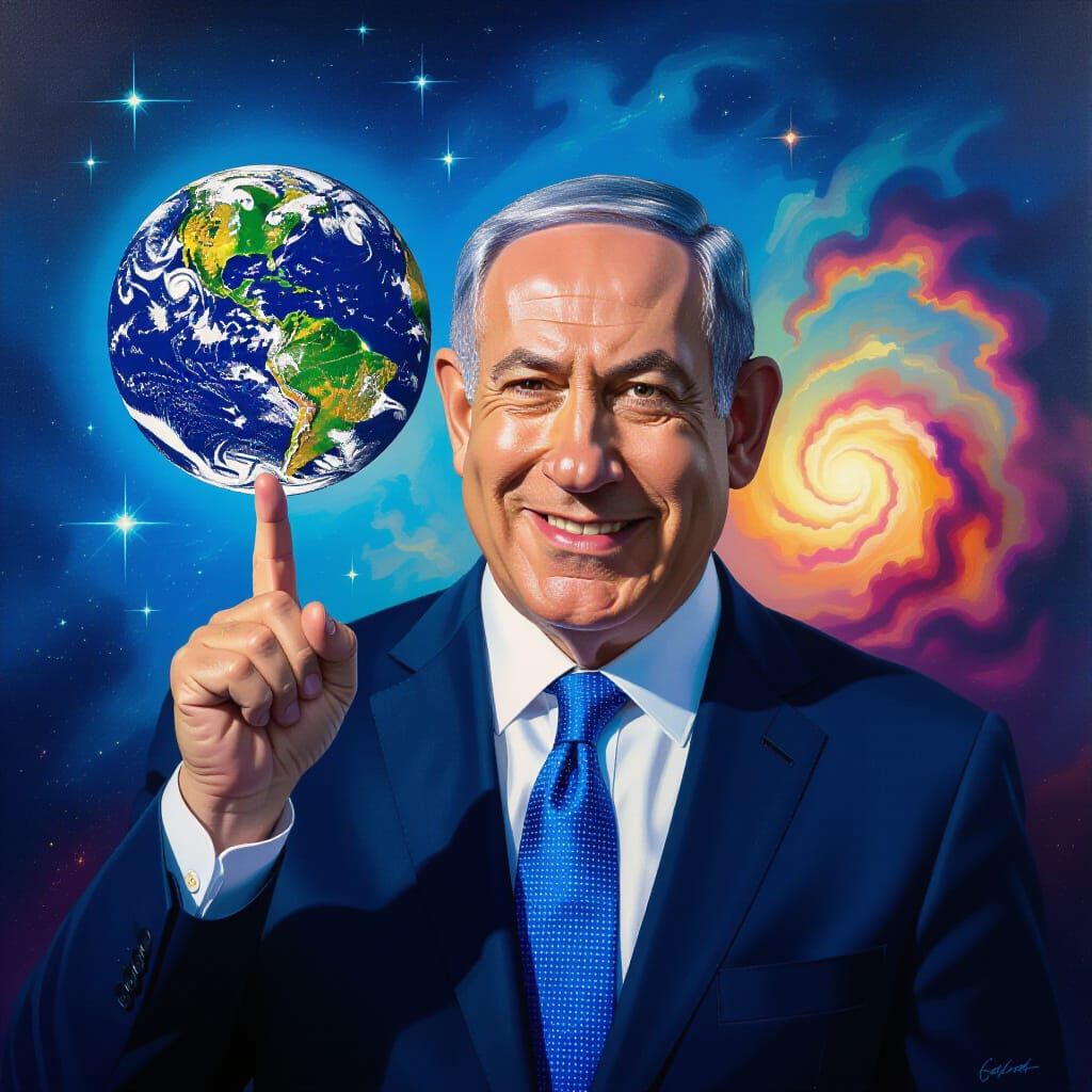Netanyahu Playfully Balances Earth in Cosmic Surreal Style