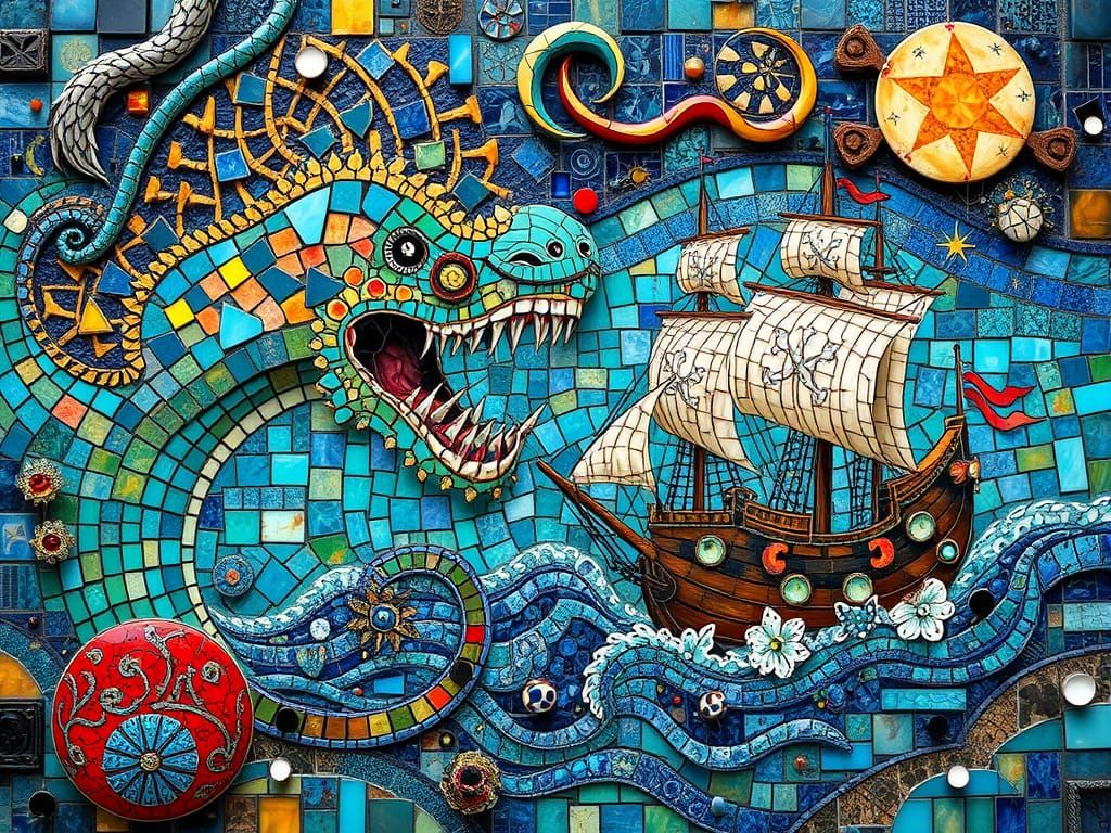Sea monster attacking a pirate ship mosaic  by @GMX_TrackMaD