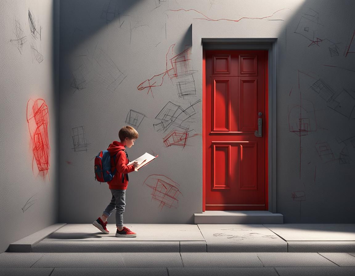 A hyperrealistic lateral image capturing a 10-year-old boy  drawing a  sketch door  over a grey  Street wall, using a ma...