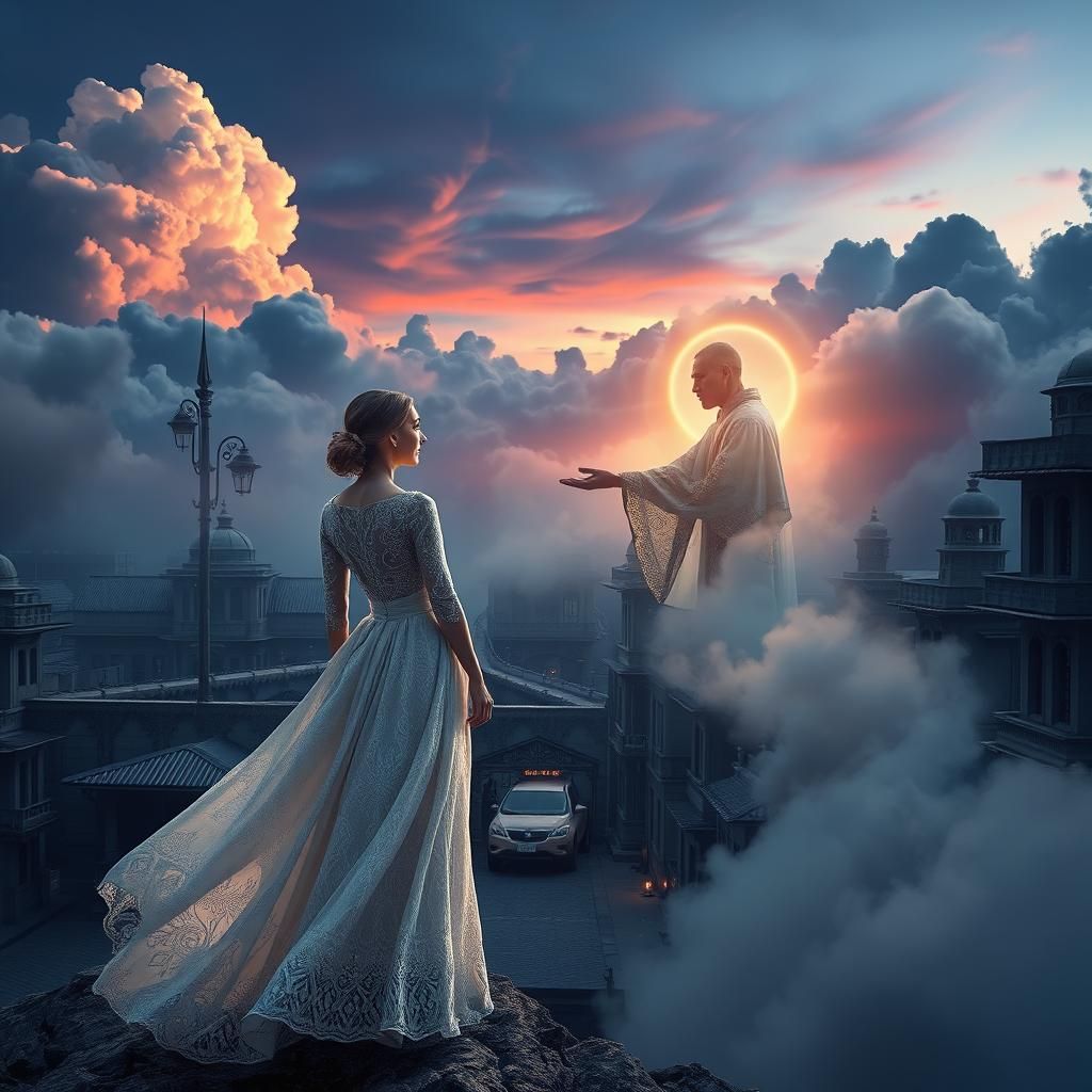 Dreamlike Cityscape with Woman in White Dress