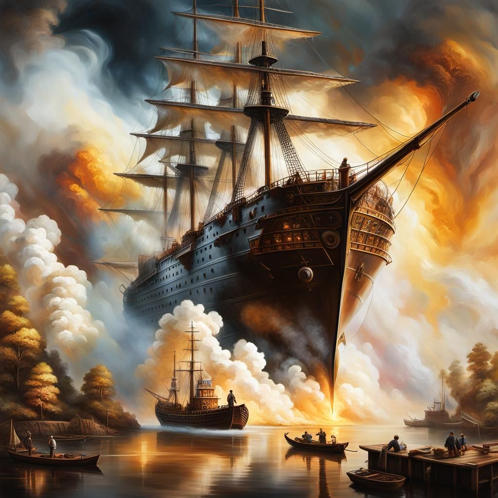 Man Paints Ethereal Warship in Cozy Art Studio