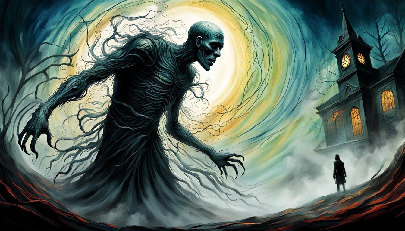 ghostly figure emerges from swirling mist