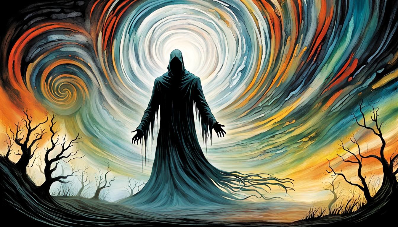 ghostly figure emerges from swirling mist