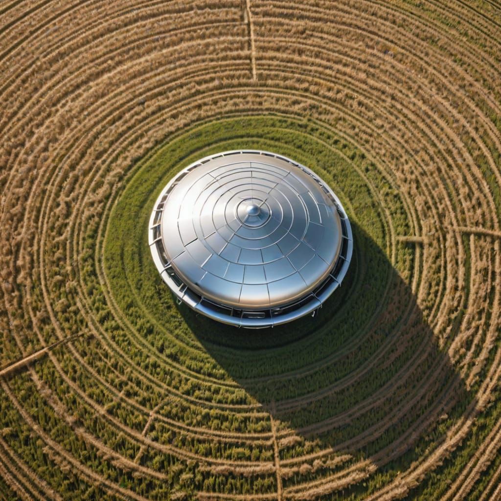 Bird's eye view of a shiny silver metallic UFO,inside a crop circle 