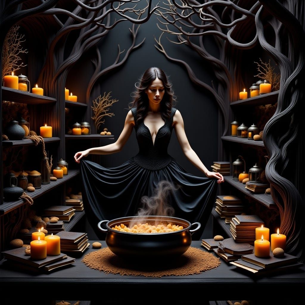 <lora:Organic Macabre Flux:1.0> style of Leonora Carrington, 
A witch’s lair filled with jars of glowing potions, spell books, and a cauldro...