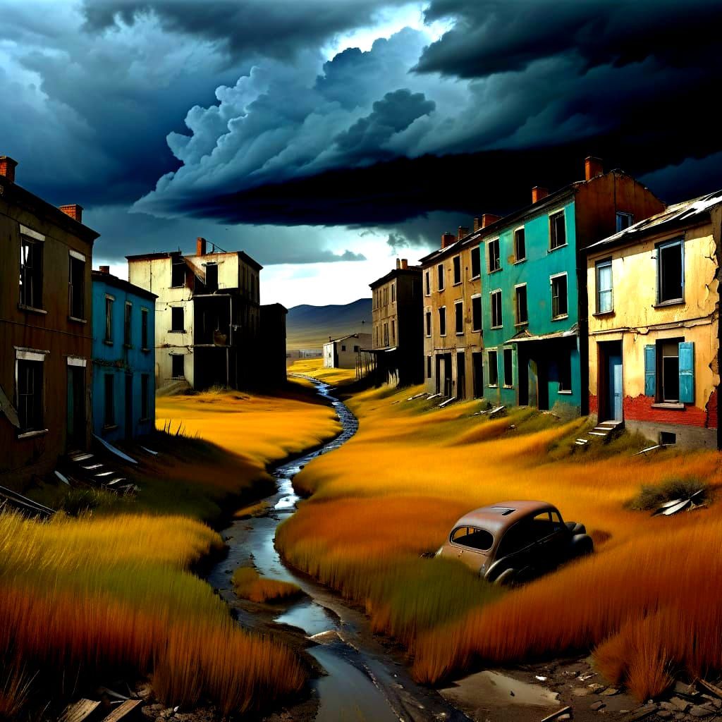 Surreal Abandoned Townscape with Predatory Wild Animals