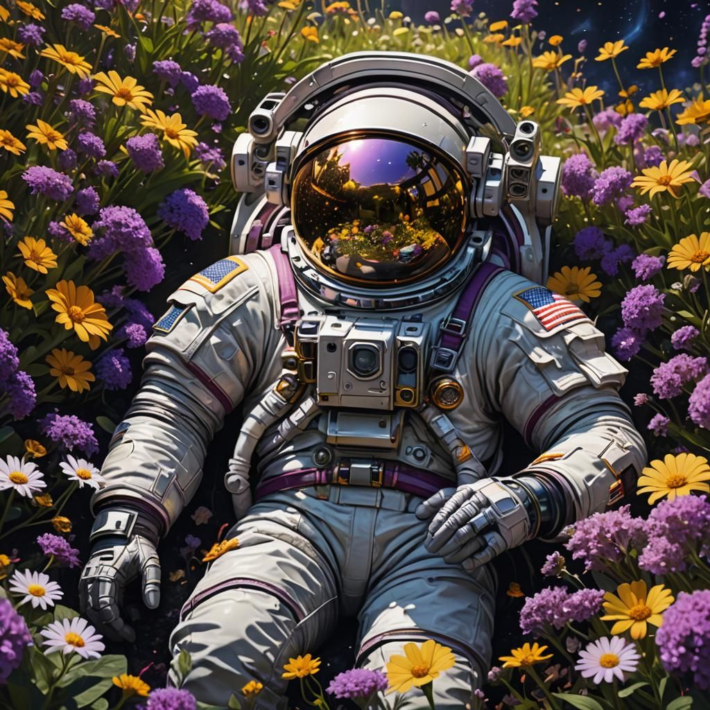 An astronaut lying in a garden of flowers. The universe is r...