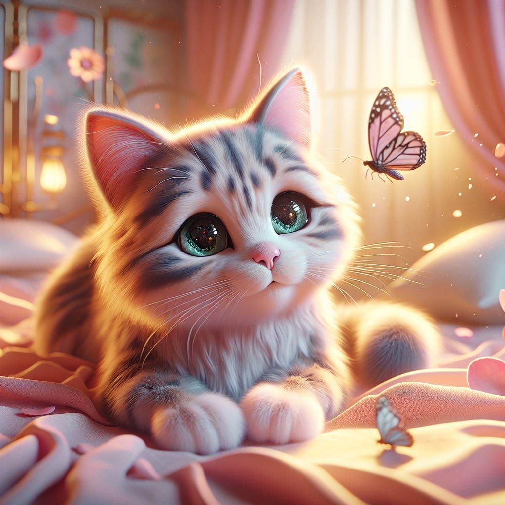 Cute Cat in Cozy Bedroom: Hyper-Realistic Digital Art