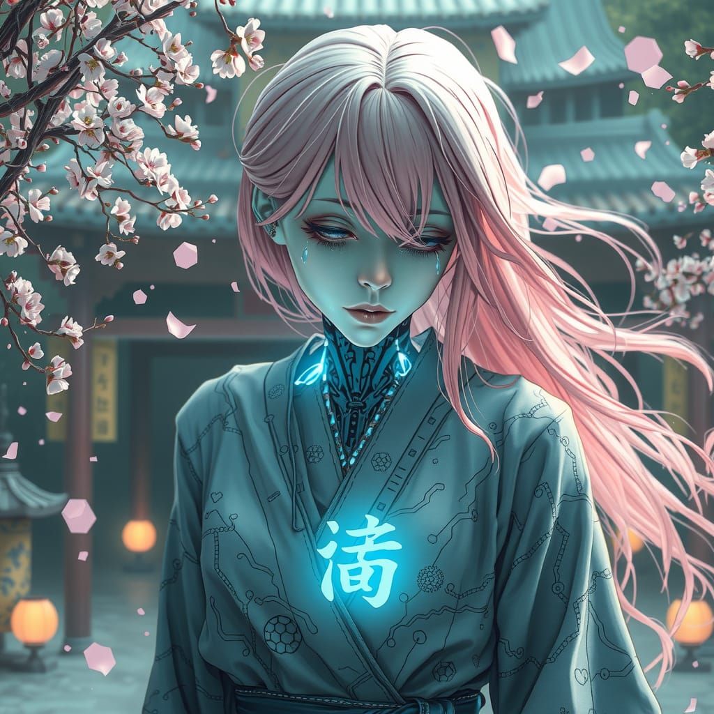 Sorrowful Android in Decaying Digital Temple