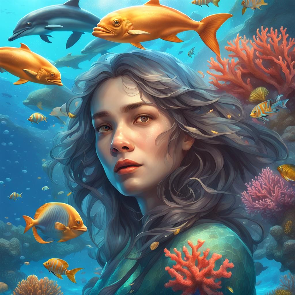 dolphin under the water with coral reefs all over and tropical fish  by @WolfGirl