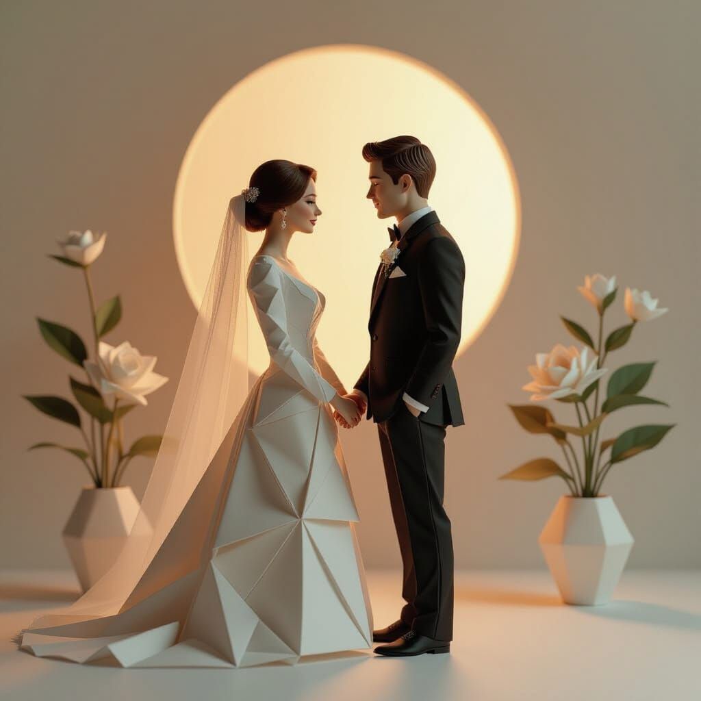 Origami Bride and Groom in Minimalist Studio