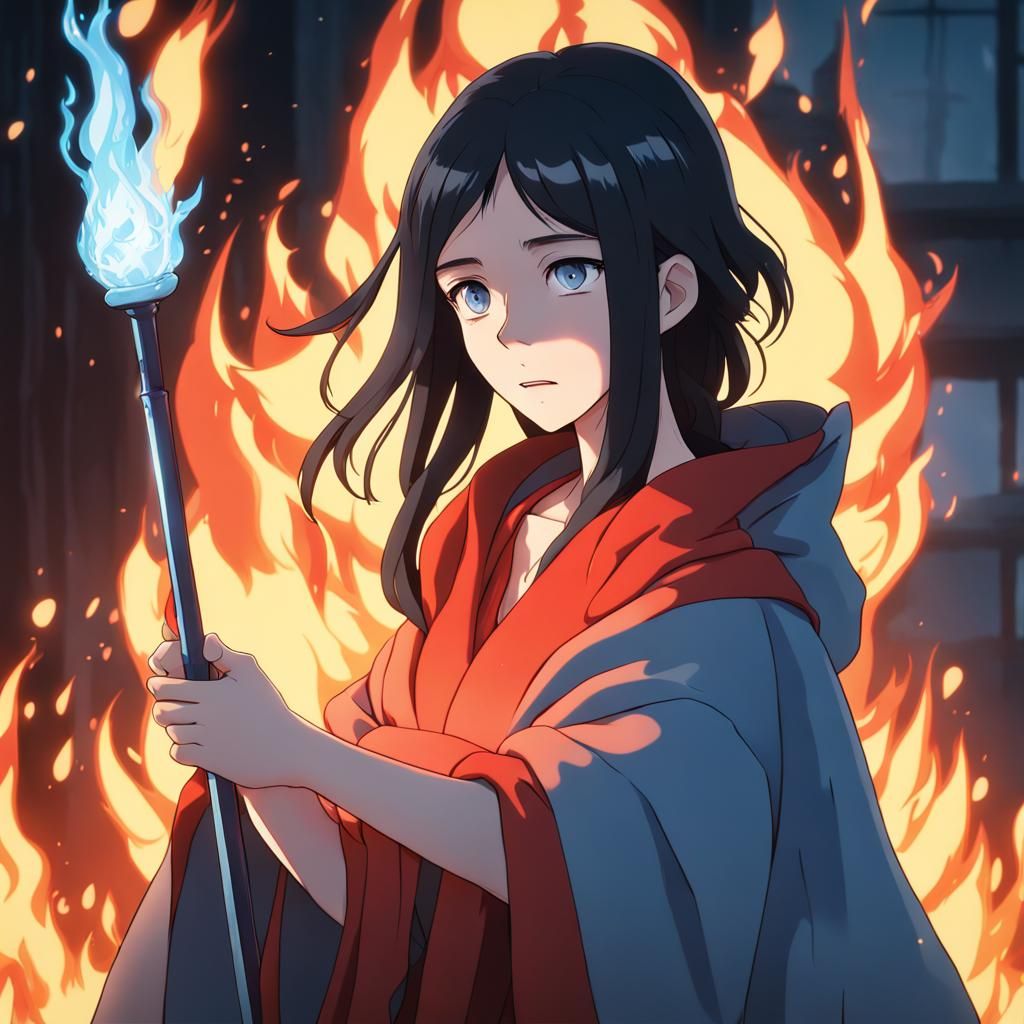 nonbinary girl, ice blue eyes with fire, red warlock robe, padded bra, long black hair, magical trident, casting fire