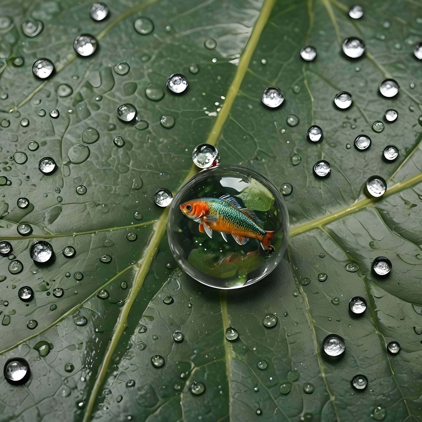 close up of a leaf with a water droplet on it, inside the water droplet is a tiny fish  by @Feeling Creative
