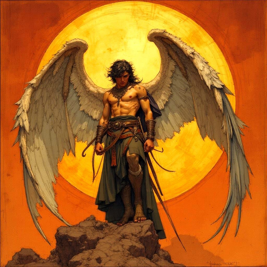 <lora:LSR - 1:1.0> Full length portrait of magnificent masculine angel, huge wings, chiaroscuro lighting, rich lush vibrant sunset colours i...